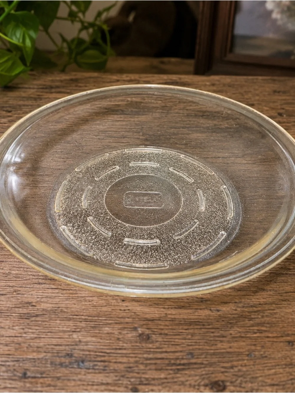 Vintage PYREX Clear Glass Pie Plate Baking Dish Raised Logo USA - Rim Chip